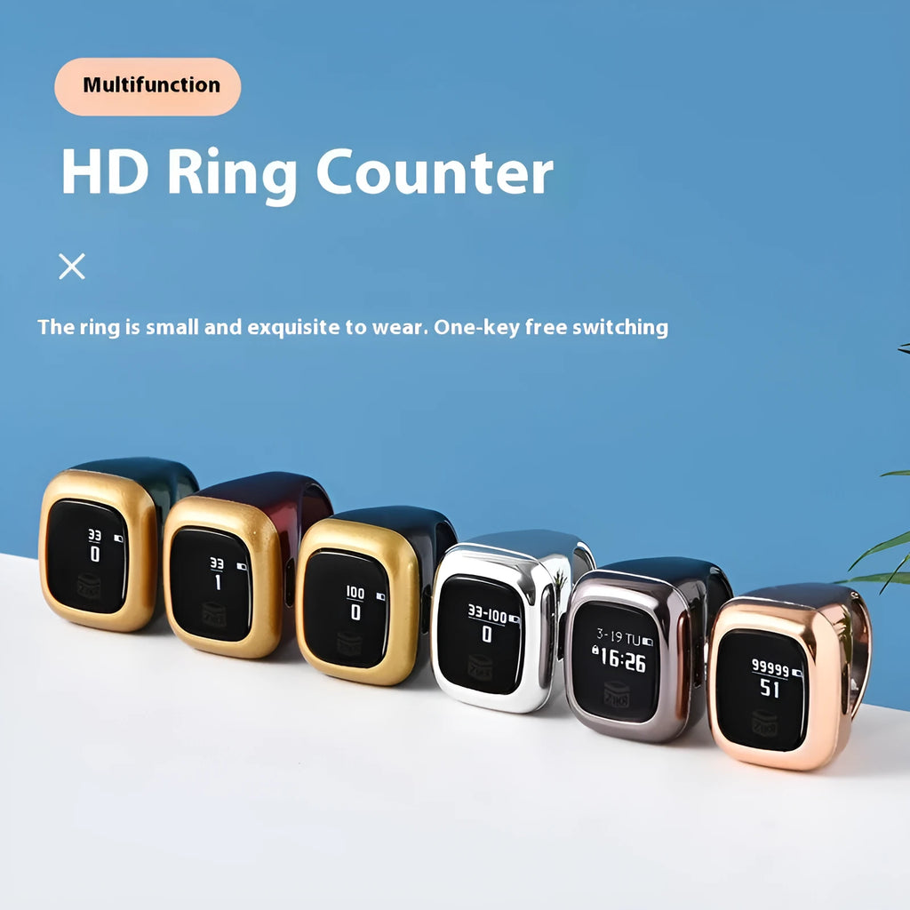 Al-Fatiha electronic zikr counter with digital display on a wrist, shown in rose gold colour with a 20mm band.