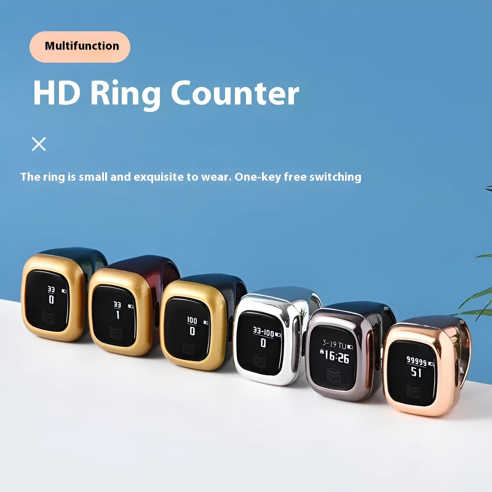 Al-Fatiha electronic zikr counter with digital display on a wrist, shown in rose gold colour with a 20mm band.