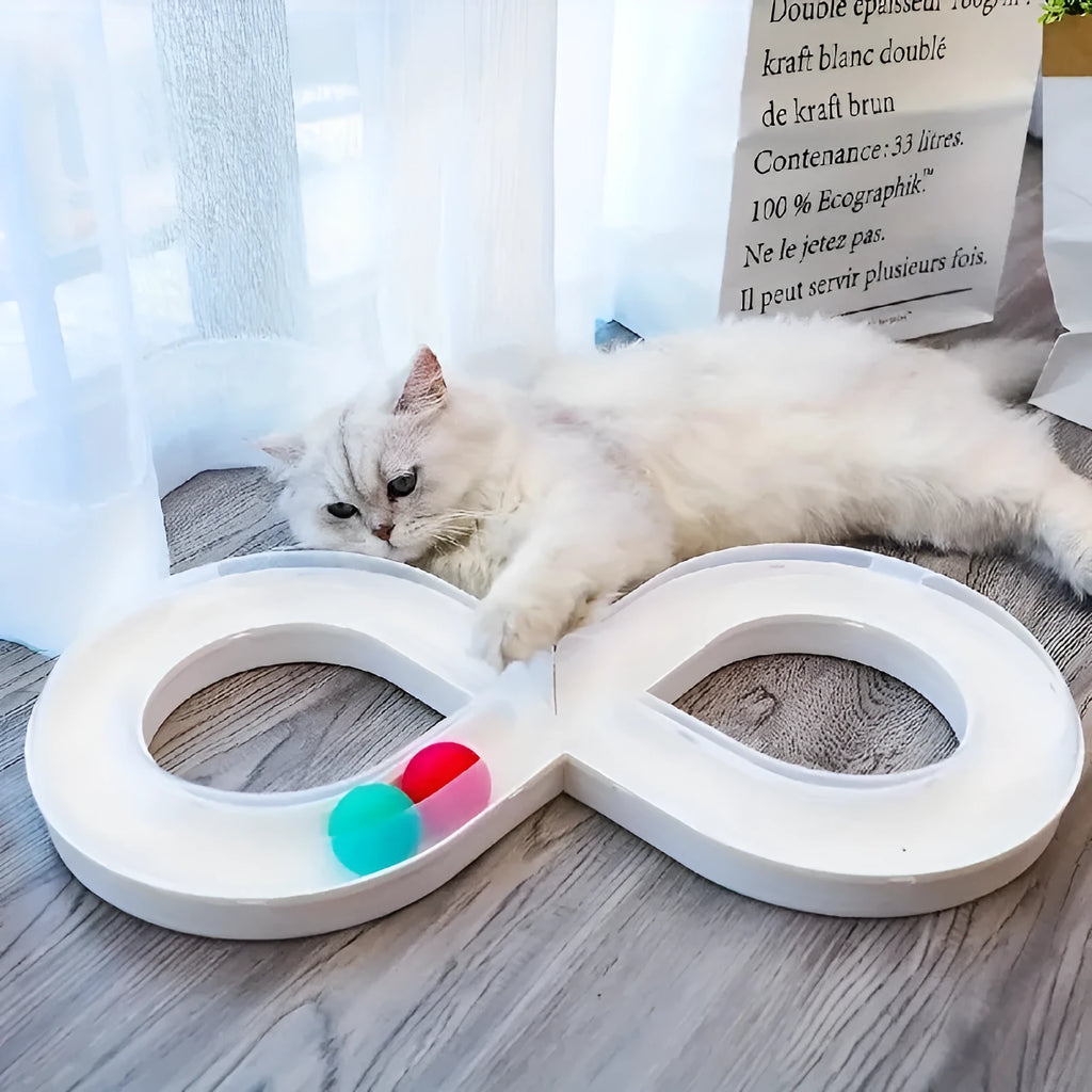 Blue and white cat turntable track ball toy with built-in teaser stick measuring 50 cm