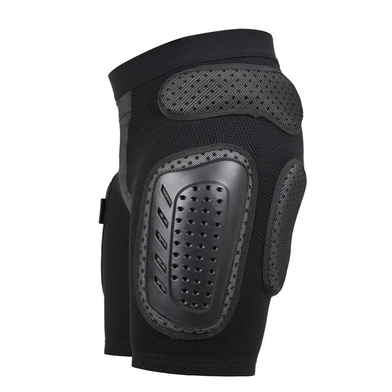 Black cycling protective pants with integrated hip and thigh impact foam pads on a mannequin