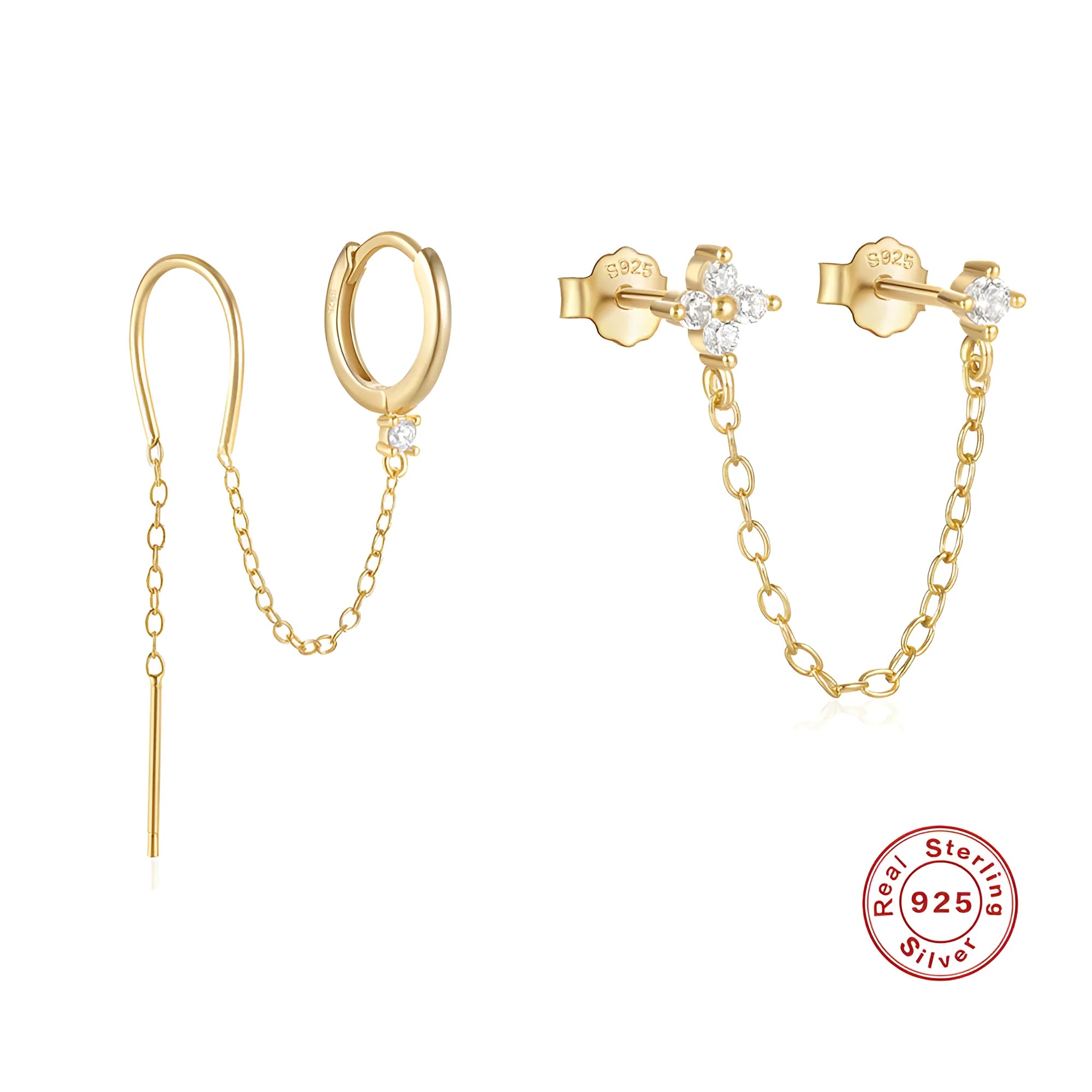 S925 sterling silver geometric ear clip stud earrings with chain, flower and tassel detail in gold electroplated finish.