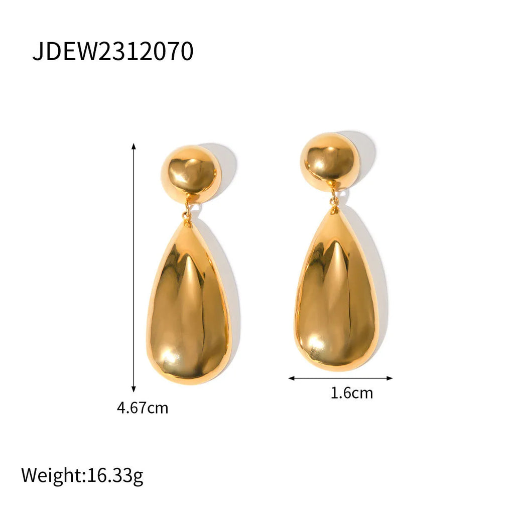 Gold electroplated stainless steel earrings with geometric water droplet hemisphere pendant design