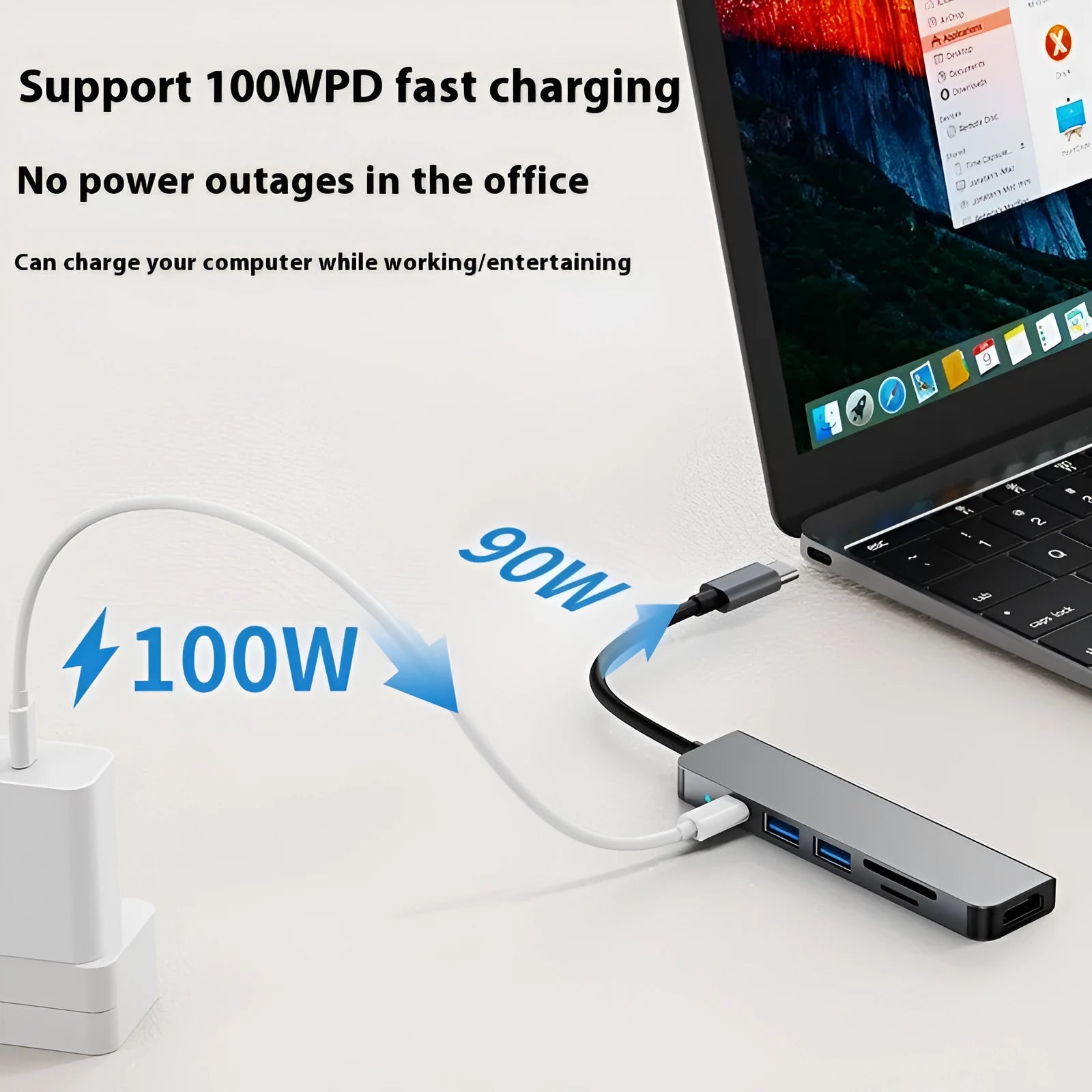 Portable USB-C expansion dock showing multiple ports including HDMI and USB connections