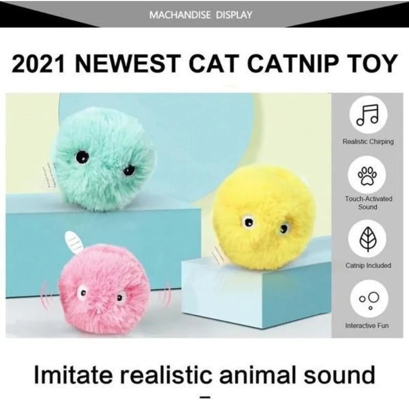 Interactive cat toy ball in blue, pink and yellow colours with animal sounds and touch trigger