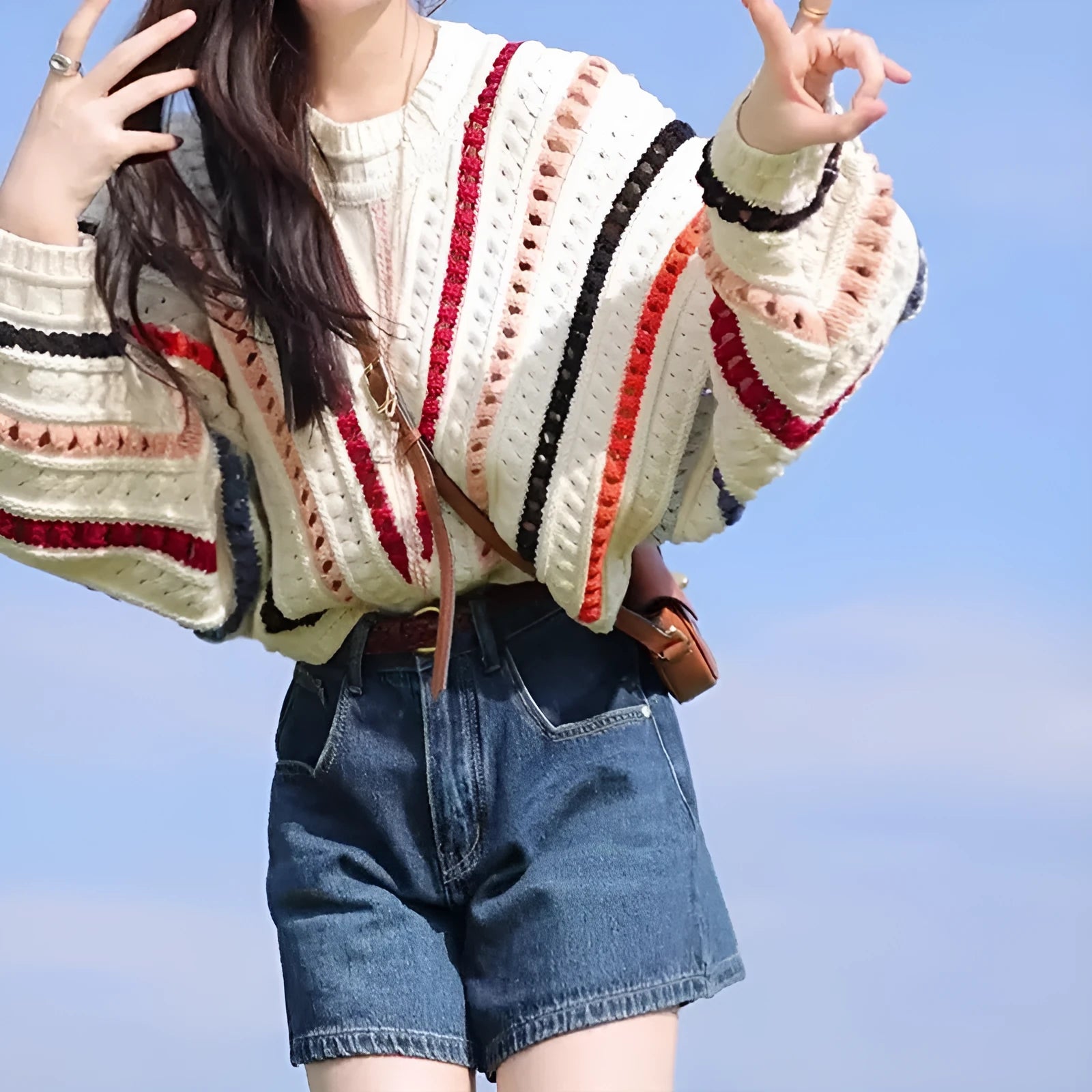Women's retro rainbow striped sweater with batwing sleeves in loose fit casual style
