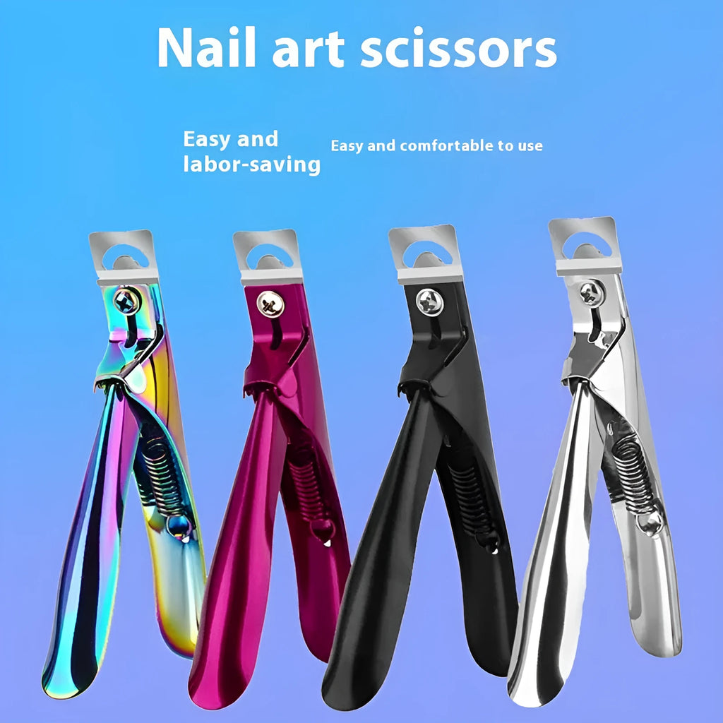 Stainless steel French U-shaped nail art scissors on a neutral background.