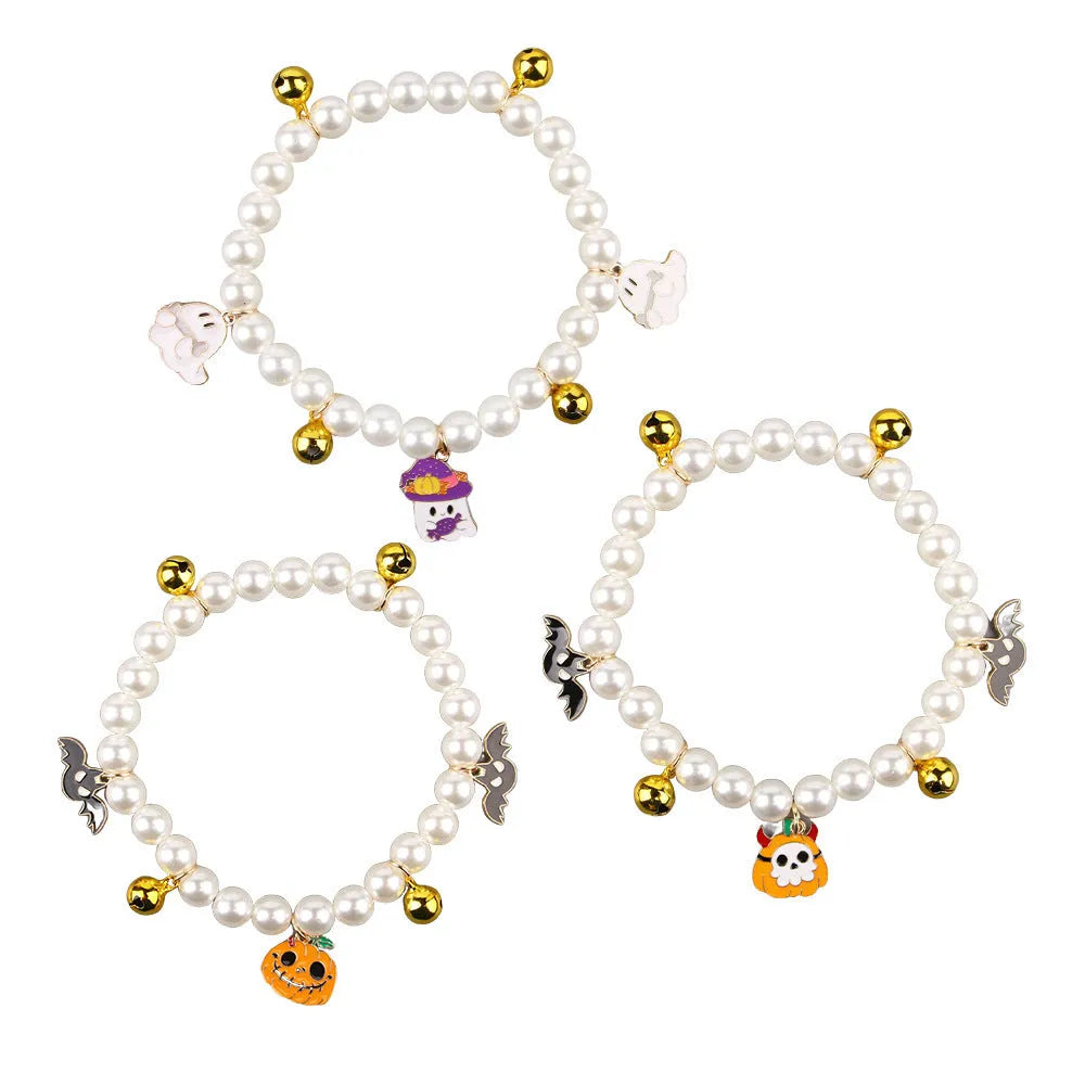 Purple Halloween cat collar with simulated pearl necklace and pumpkin ghost design for pets