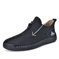 Men's black front-zipper casual leather-style boots with round toe and hand-stitched detail on a white background.