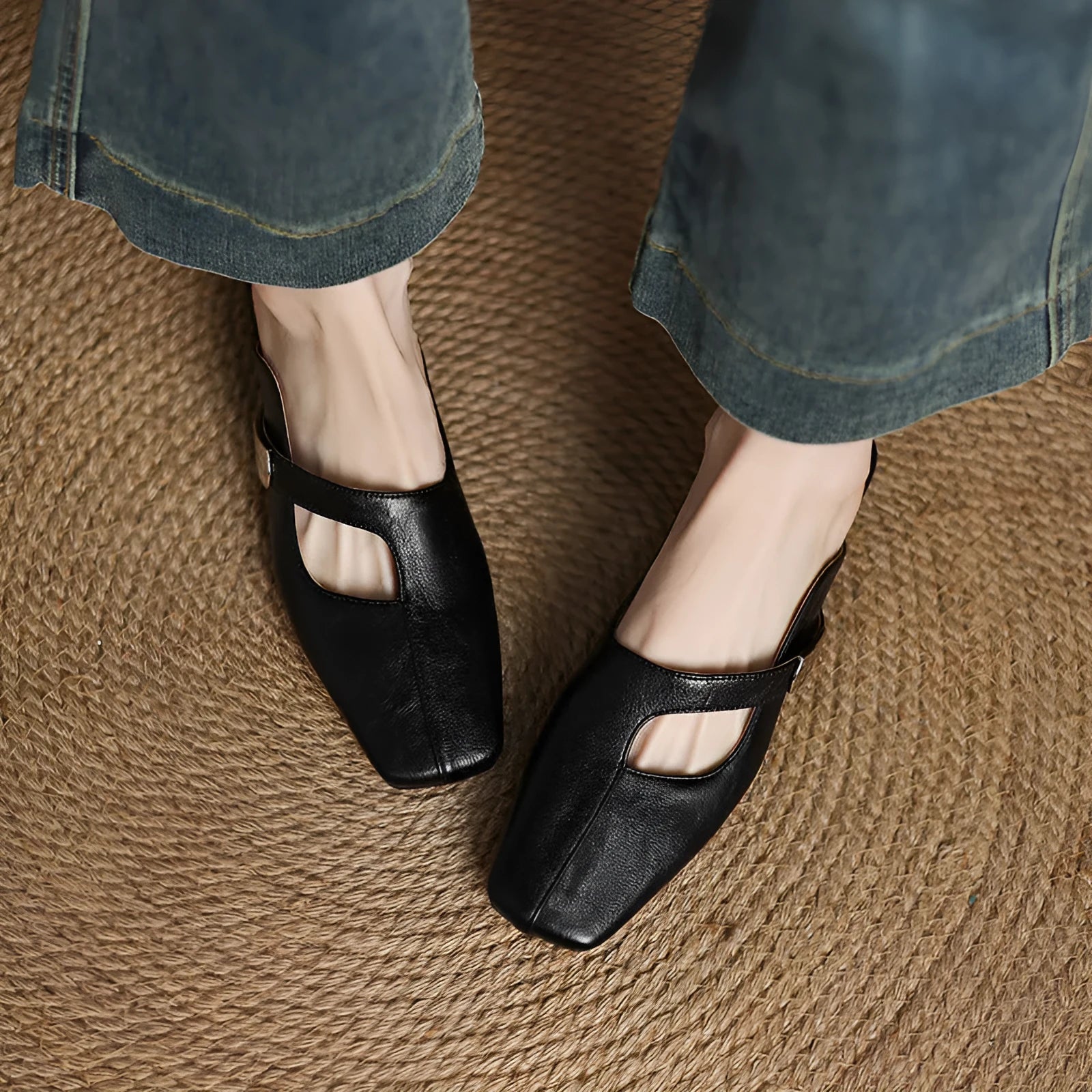 British-style square toe outdoor slippers in black, beige, and silver colours with low heel design