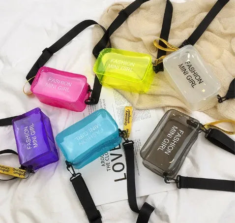 Transparent square jelly shoulder bag in various colours with adjustable strap and phone compartment