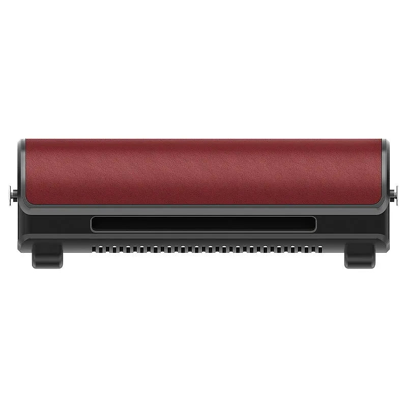 Car mounted bladeless fan with USB power cord in black, brown and red colour options showing compact dimensions