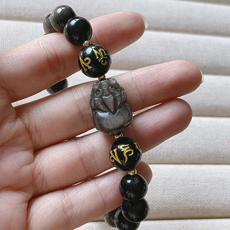 Men's silver stone bracelet with zodiac motifs, anniversary engraving and proverb beads in Chinese style