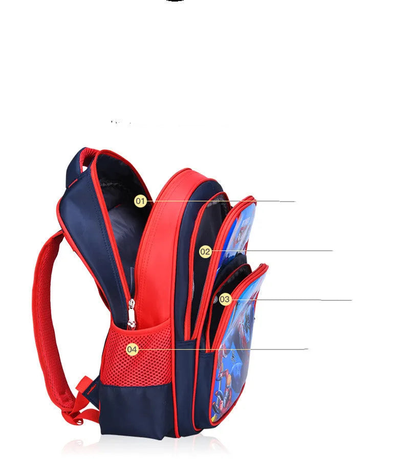 Blue cartoon print children's nylon school backpack with pencil case, shown with front pocket.