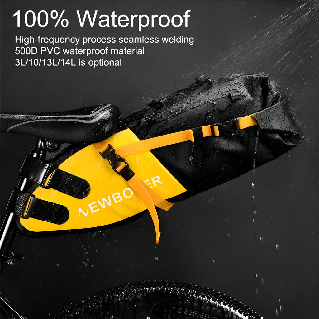 Waterproof PVC bicycle tail bag with 13 litre capacity shown in yellow colour