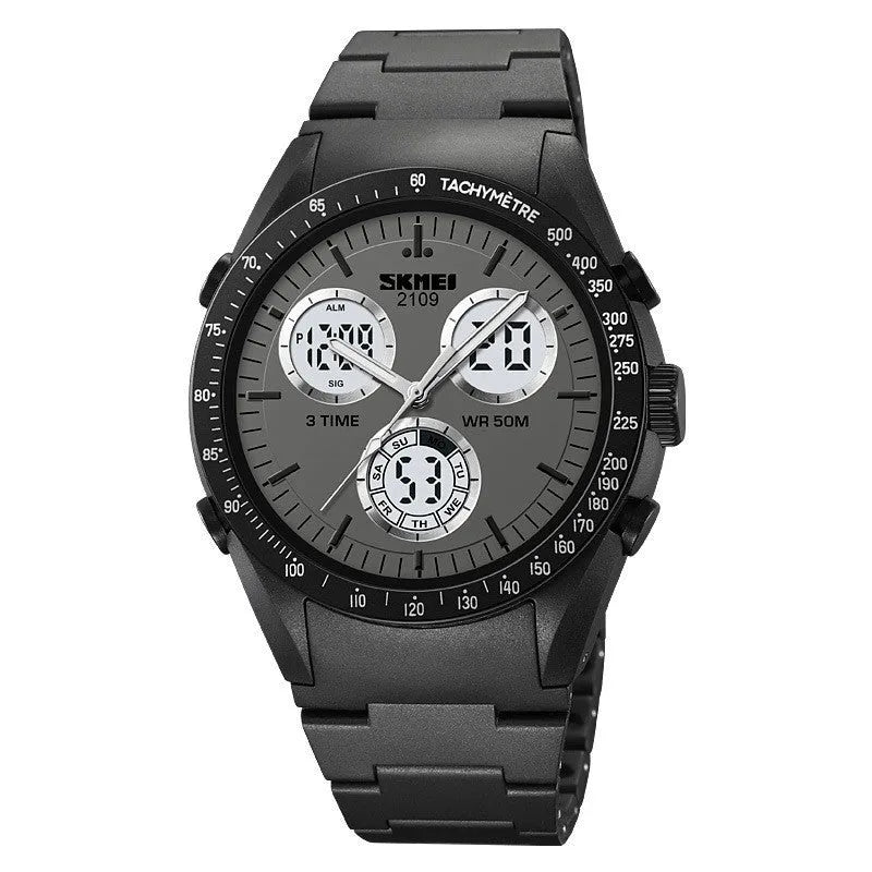 Electronic casual watch with camouflage pattern on wrist showing time display and stainless steel buttons