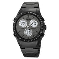 Electronic casual watch with camouflage pattern on wrist showing time display and stainless steel buttons