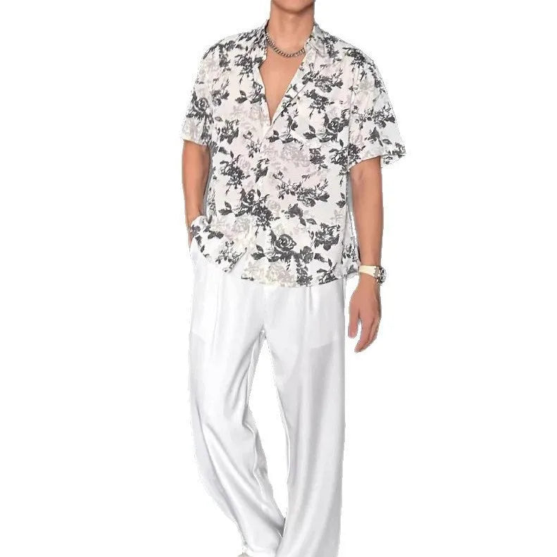 Men's loose casual printed short sleeve shirt with floral design in black colour