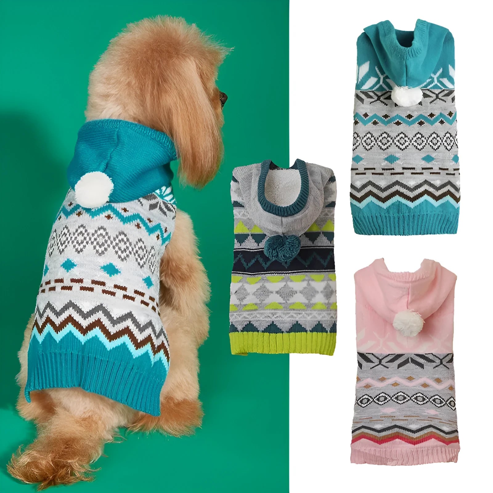 Green knitted pet sweater with diamond pattern on a small dog, showing size and texture.