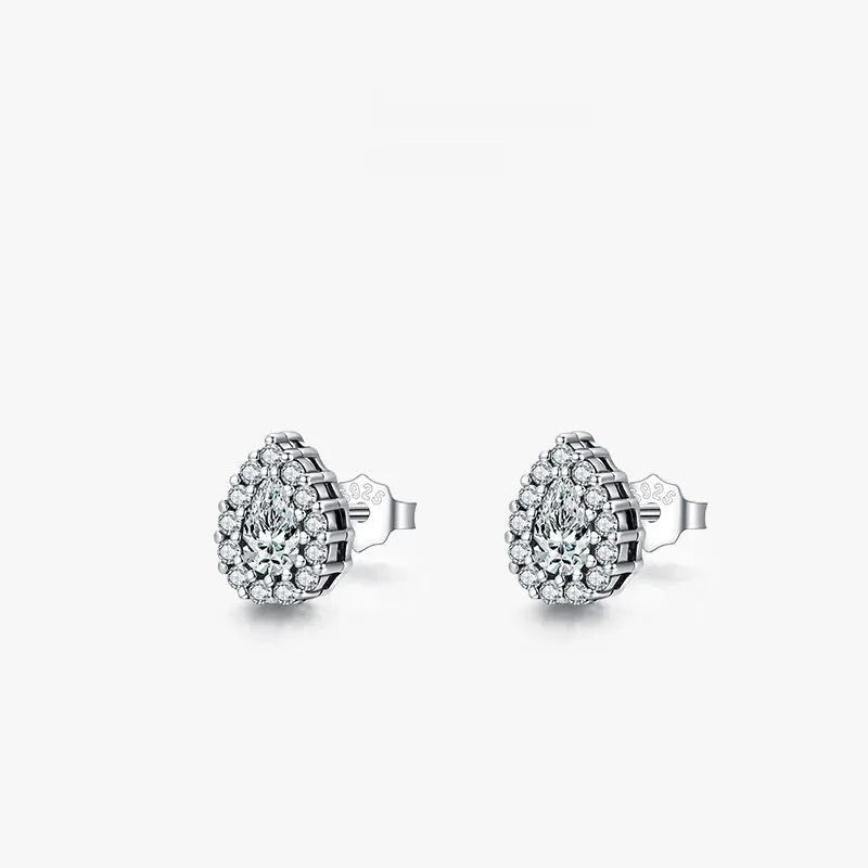 Women's silver water drop ear studs with diamond treatment surface
