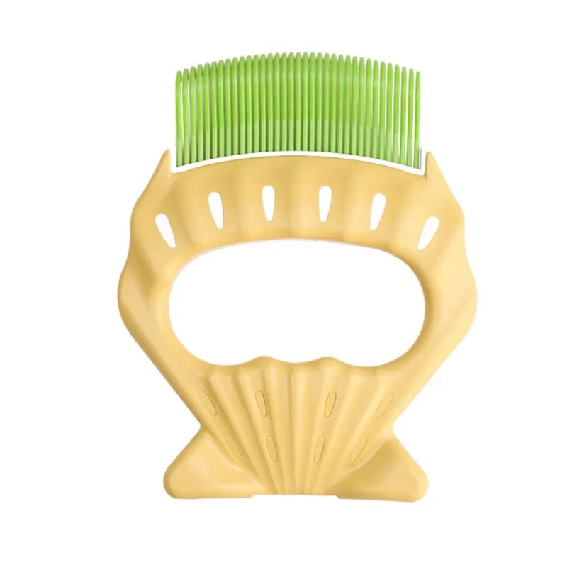 Shell-shaped pet grooming brush with bent wire bristles in green colour