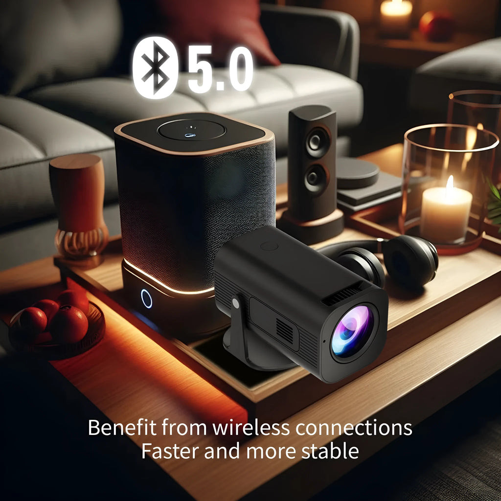 P330 portable mini projector in black or white with remote control on a table