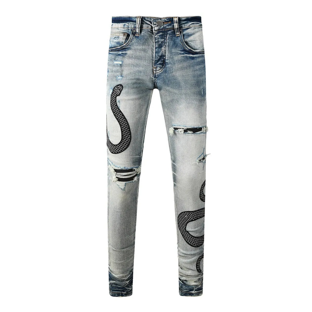 8934Blue distressed skinny jeans with button fly and mid-waist street fashion styling