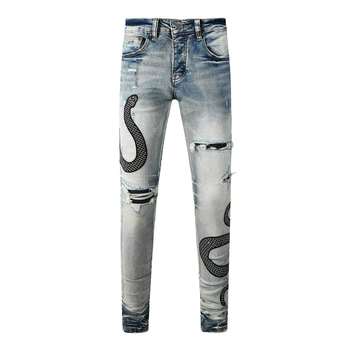 8934Blue distressed skinny jeans with button fly and mid-waist street fashion styling