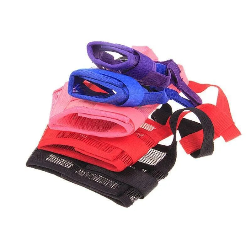 Plastic dog safety muzzle in five colours with adjustable sizing for mouth circles 12-34cm