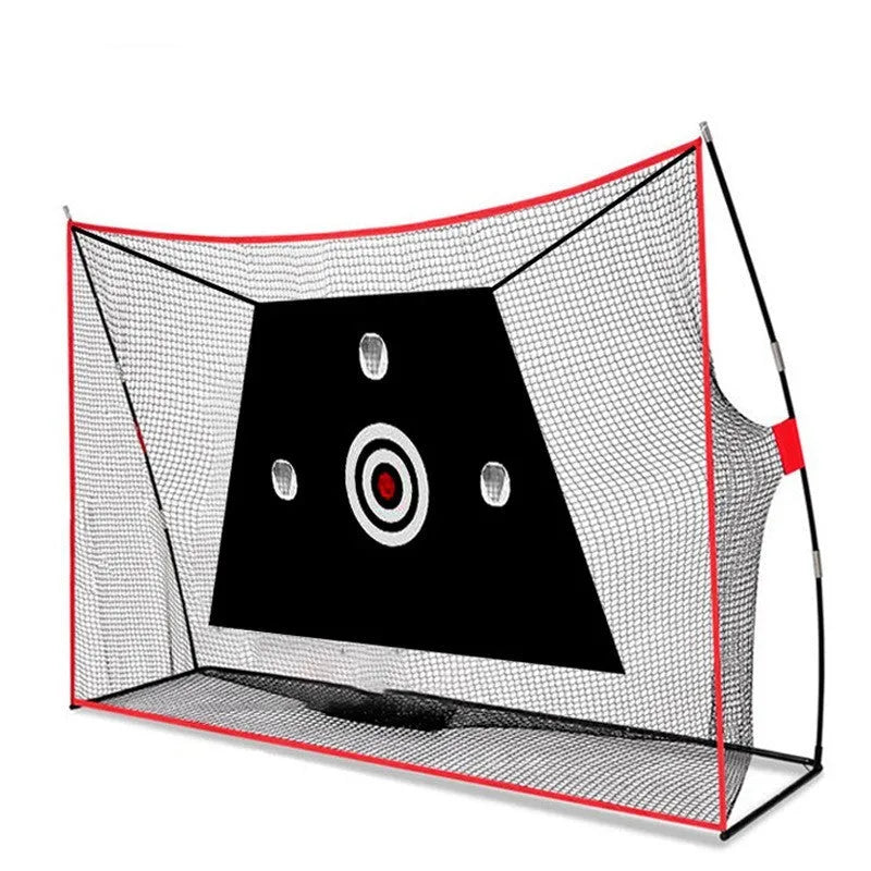 Golf wedge training net with three-hole cross target and straw practice mat