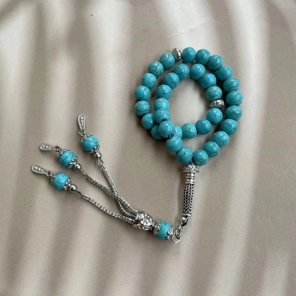 Sky blue stone Muslim prayer bracelet with 8mm spherical beads on wrist