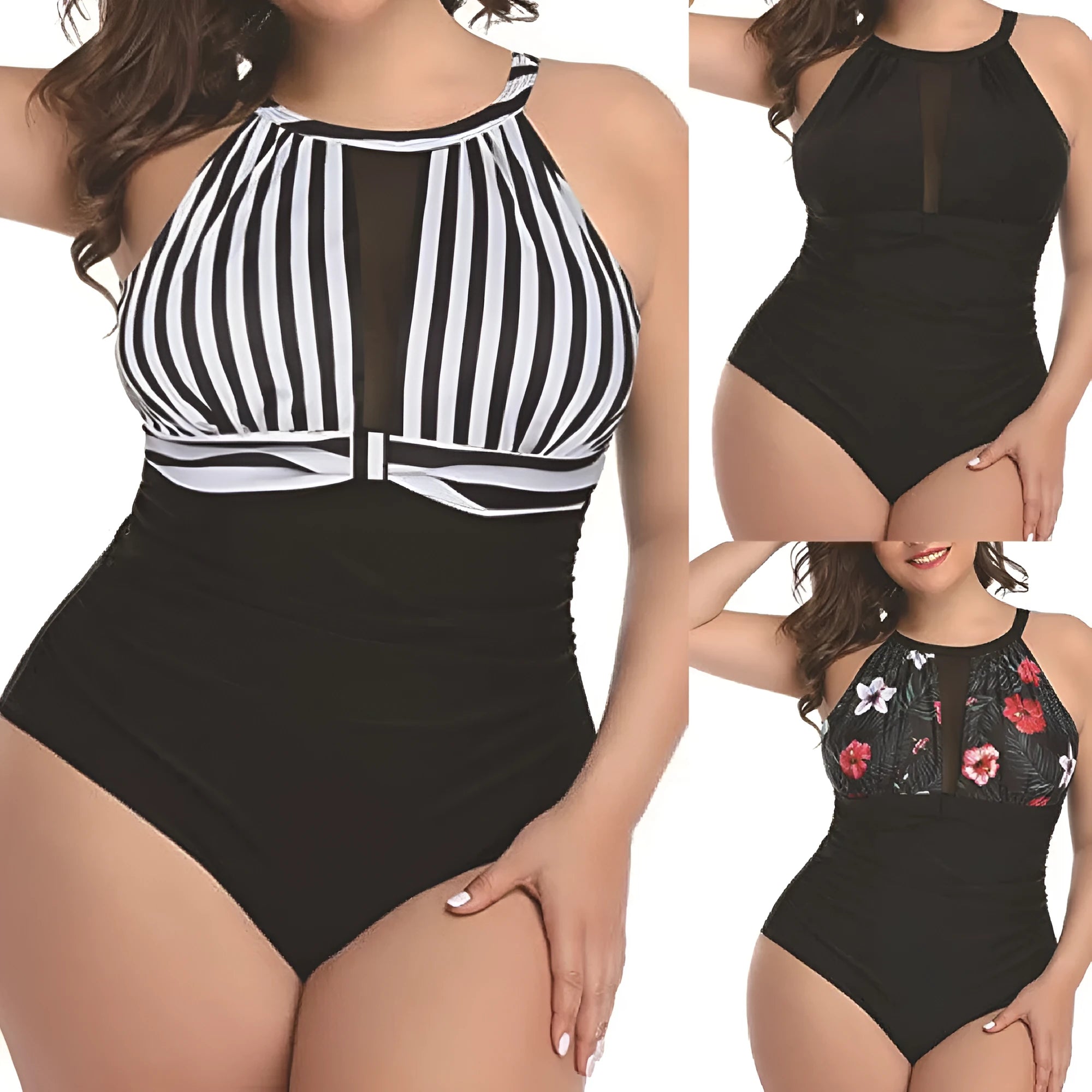 Women's solid colour one-piece swimsuit on a hanger, shown in black, striped, and red floral pattern options.