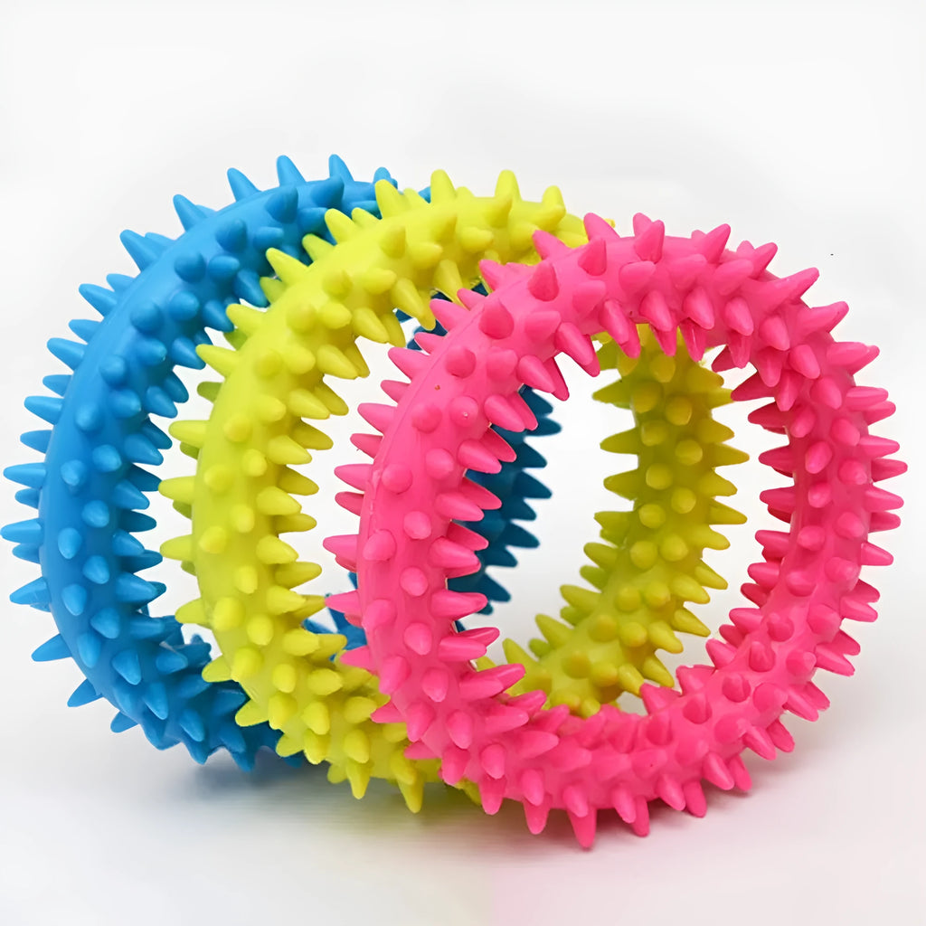 Blue TPR spiky circle ring dog chew toy for bite training and dental cleaning, 9.5cm diameter