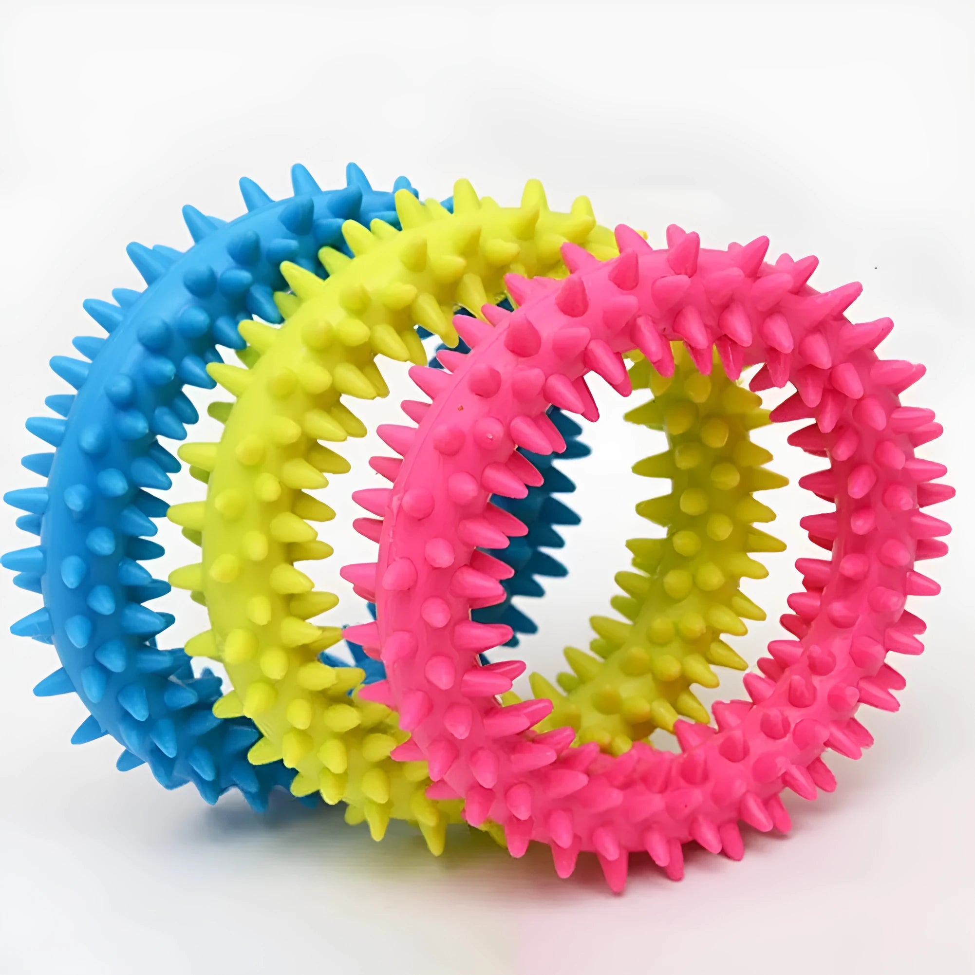 Blue TPR spiky circle ring dog chew toy for bite training and dental cleaning, 9.5cm diameter