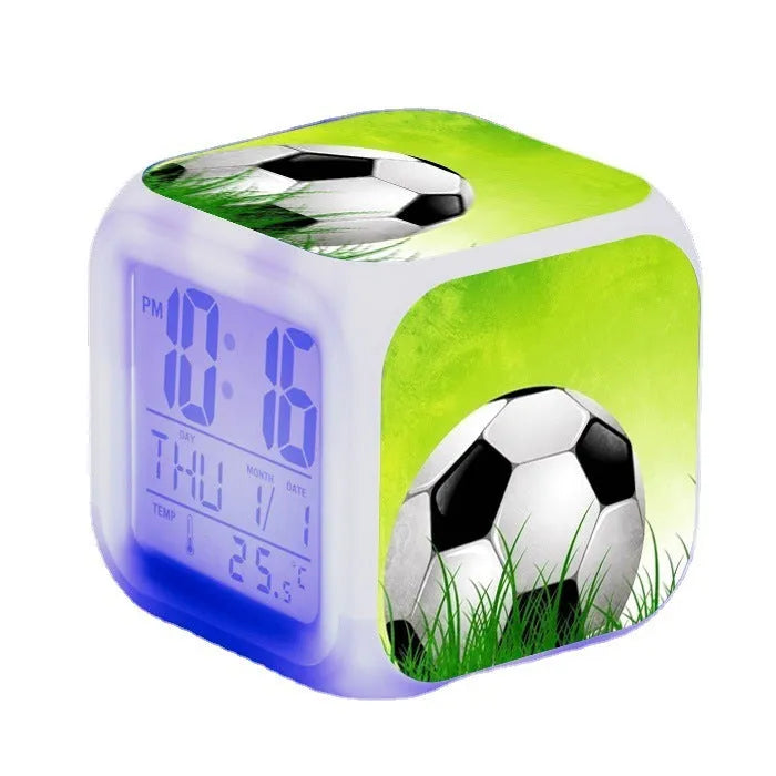 Square plastic alarm clock with football pattern cartoon design and mute alarm function
