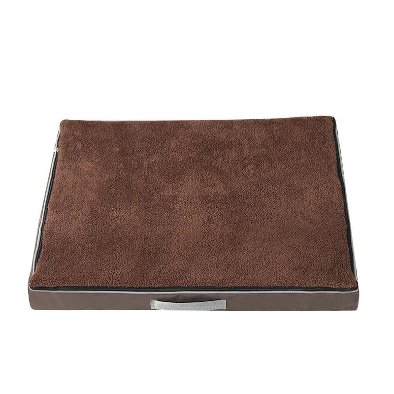 Removable cover memory sponge dog mat in brown, shown on a wooden floor.