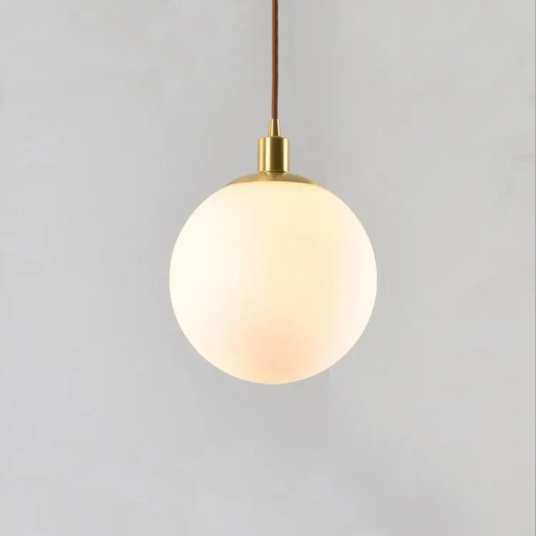 Milk white spherical glass ceiling lamp with copper fitting on ceiling, Nordic style, 15-30cm diameter options