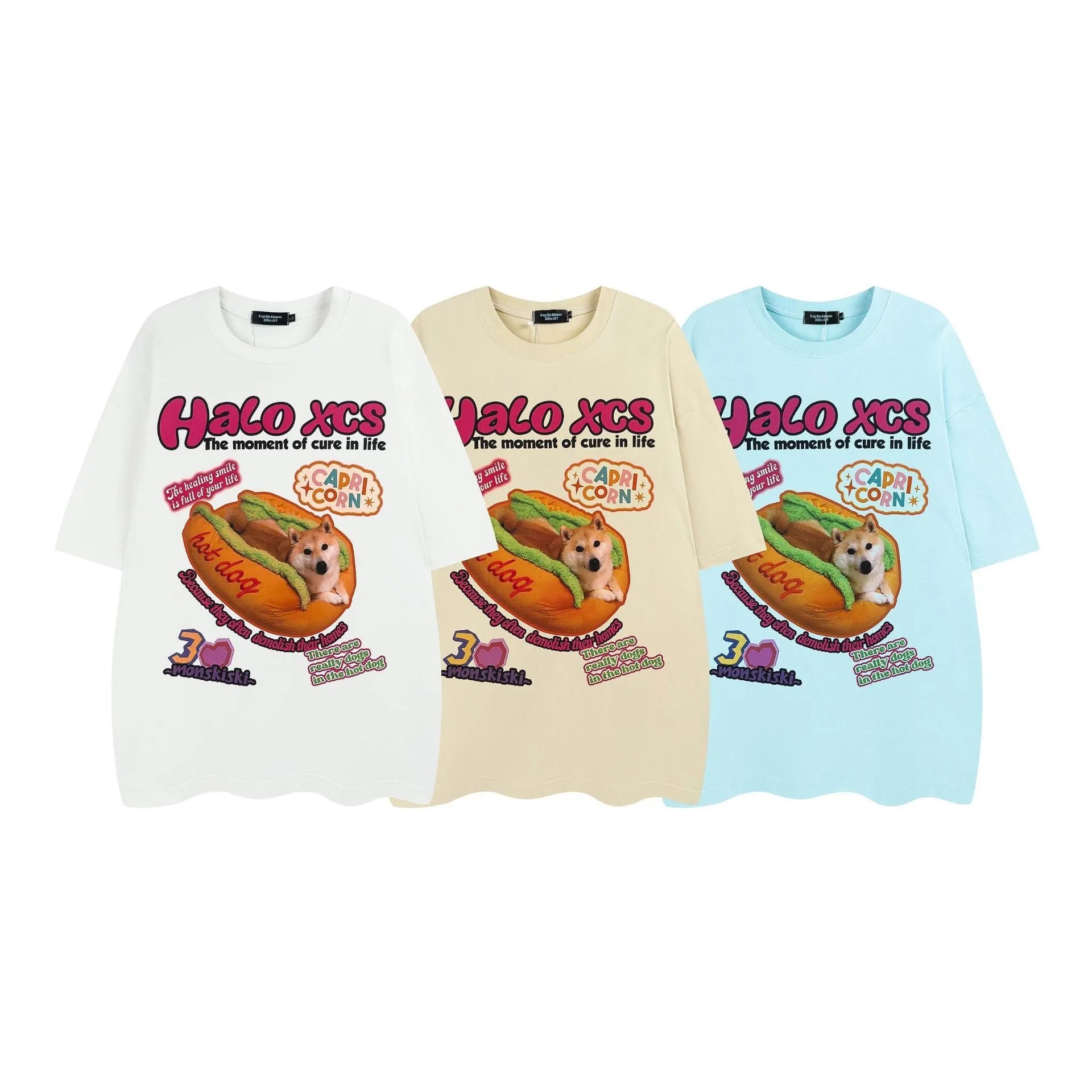 Cartoon hamburger dog printed short-sleeved cotton t-shirt in loose fit, shown in apricot colour.