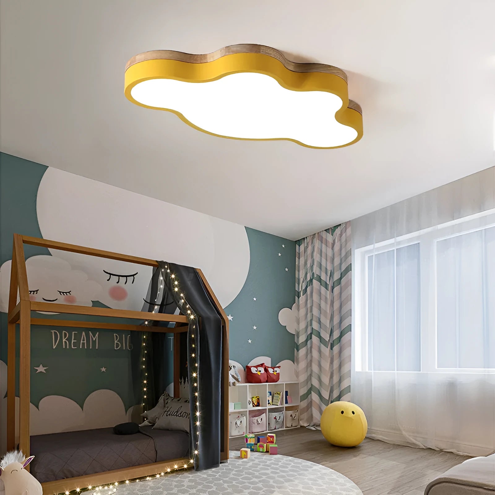 Modern cloud shaped LED ceiling light in wooden pink finish, mounted on a white ceiling.