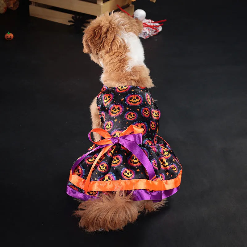 Double-layer Halloween dog skirt with colourful pumpkin print in size M on mannequin