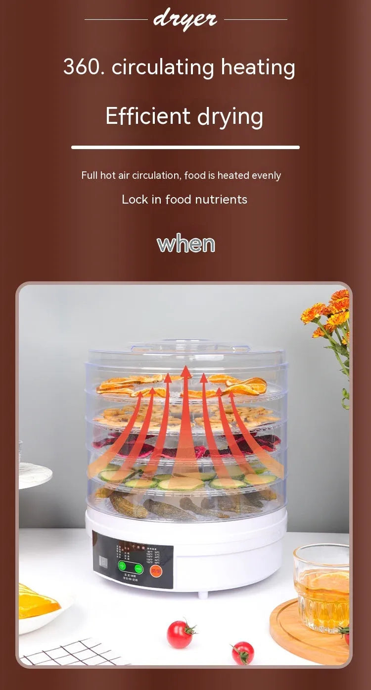 Five-tray household fruit dehydrator with removable shelves on kitchen counter