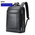 Black leather business backpack with USB charging port and curved shoulder straps