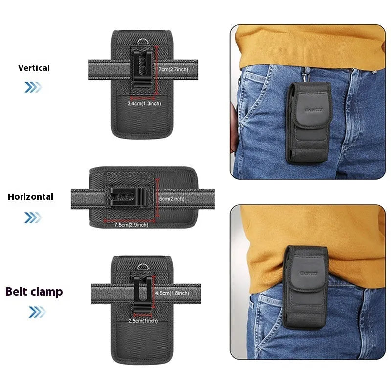 Men's multi-function nylon cloth belt slot waist bag for vertical and horizontal phones, breathable PU lining, solid colour