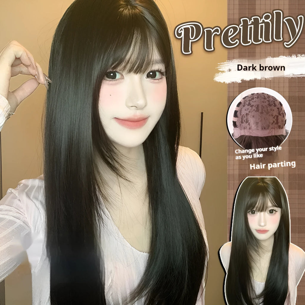 Dark brown long straight full-head wig with bangs for round face shapes
