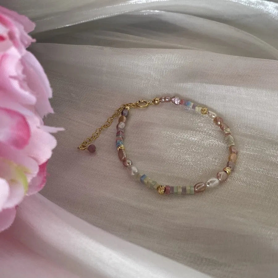Natural purple silver pearl bracelet and necklace set with 14K gilded finish and irregular mini pearls