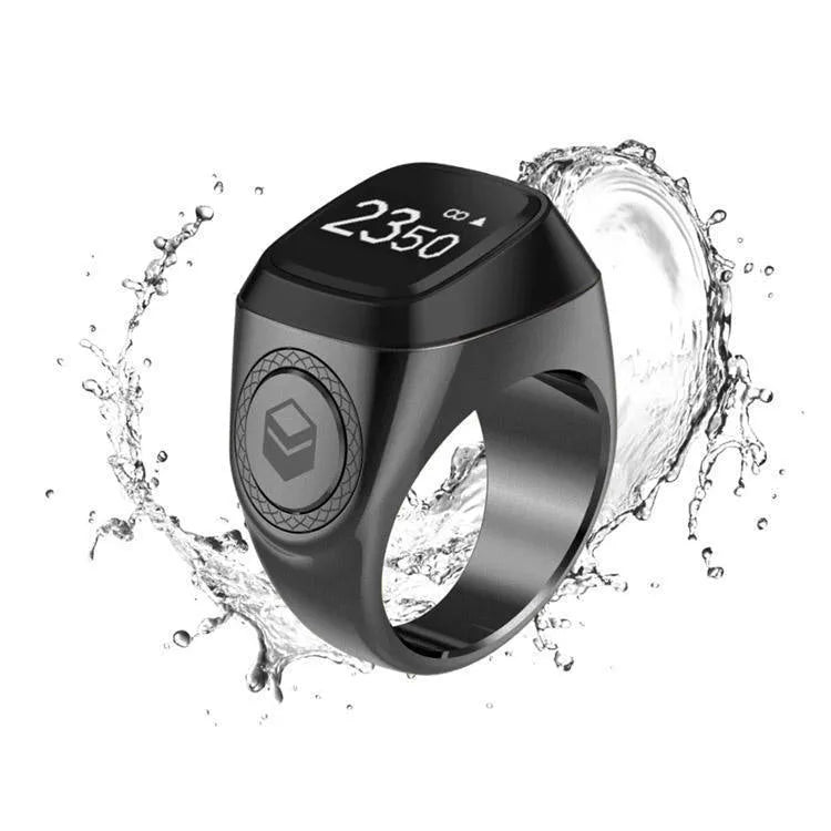 Zikr1 smart ring with OLED display showing Tasbih count, available in multiple colours and sizes