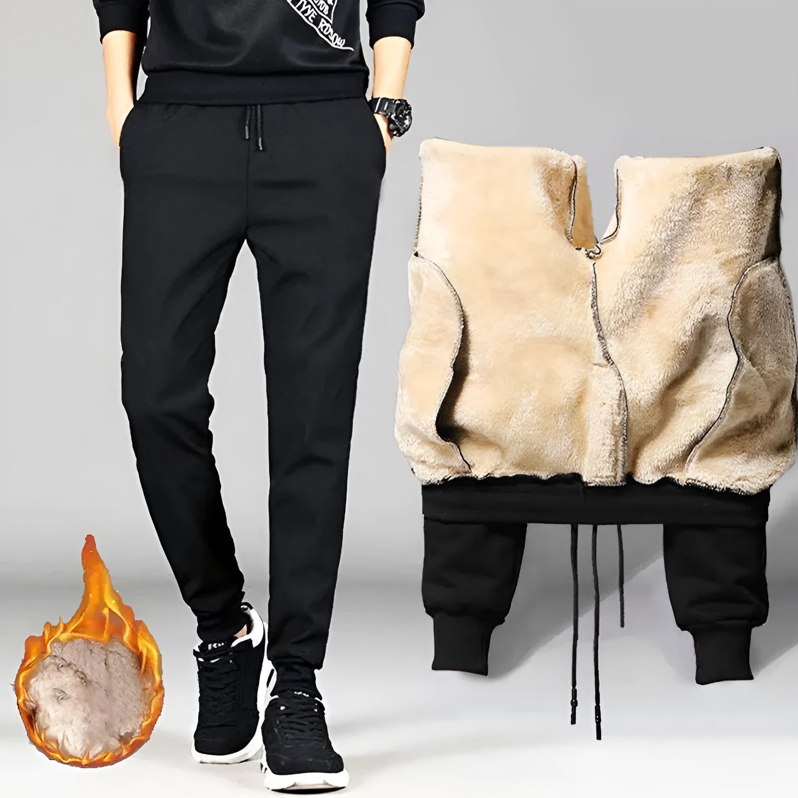 Black fleece lined straight leg trousers for men and women with drawstring waist, available in sizes M-5XL
