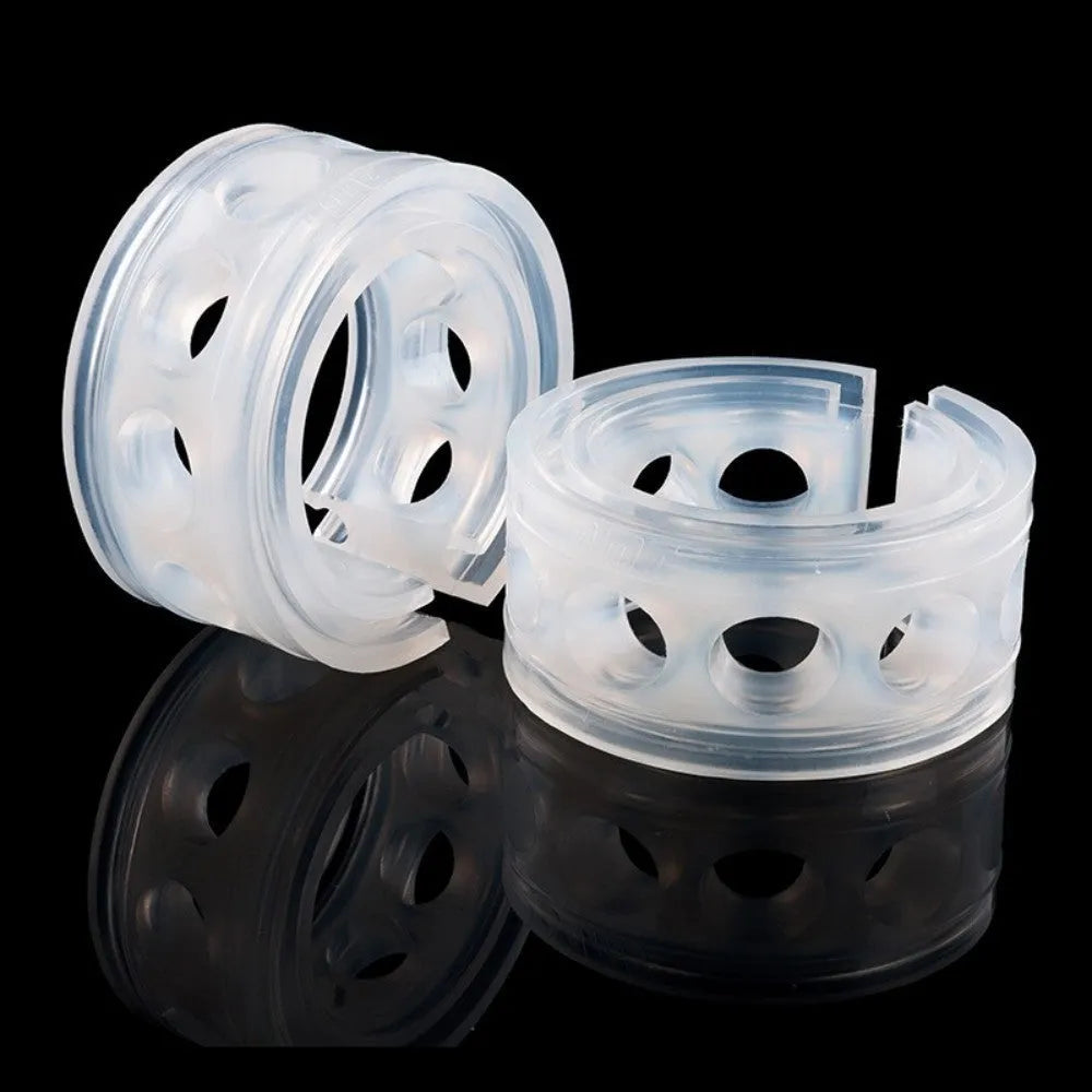 Transparent rubber shock absorber for car spring, showing six size options A through F with dimensions.