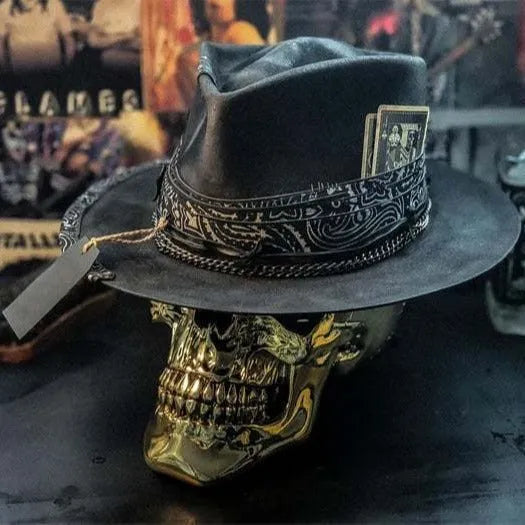 Handmade conical skull hat made from wool felt denim fabric