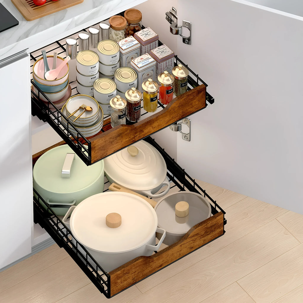 Black wooden and iron pull basket storage rack for kitchen drawer or shelf organisation.