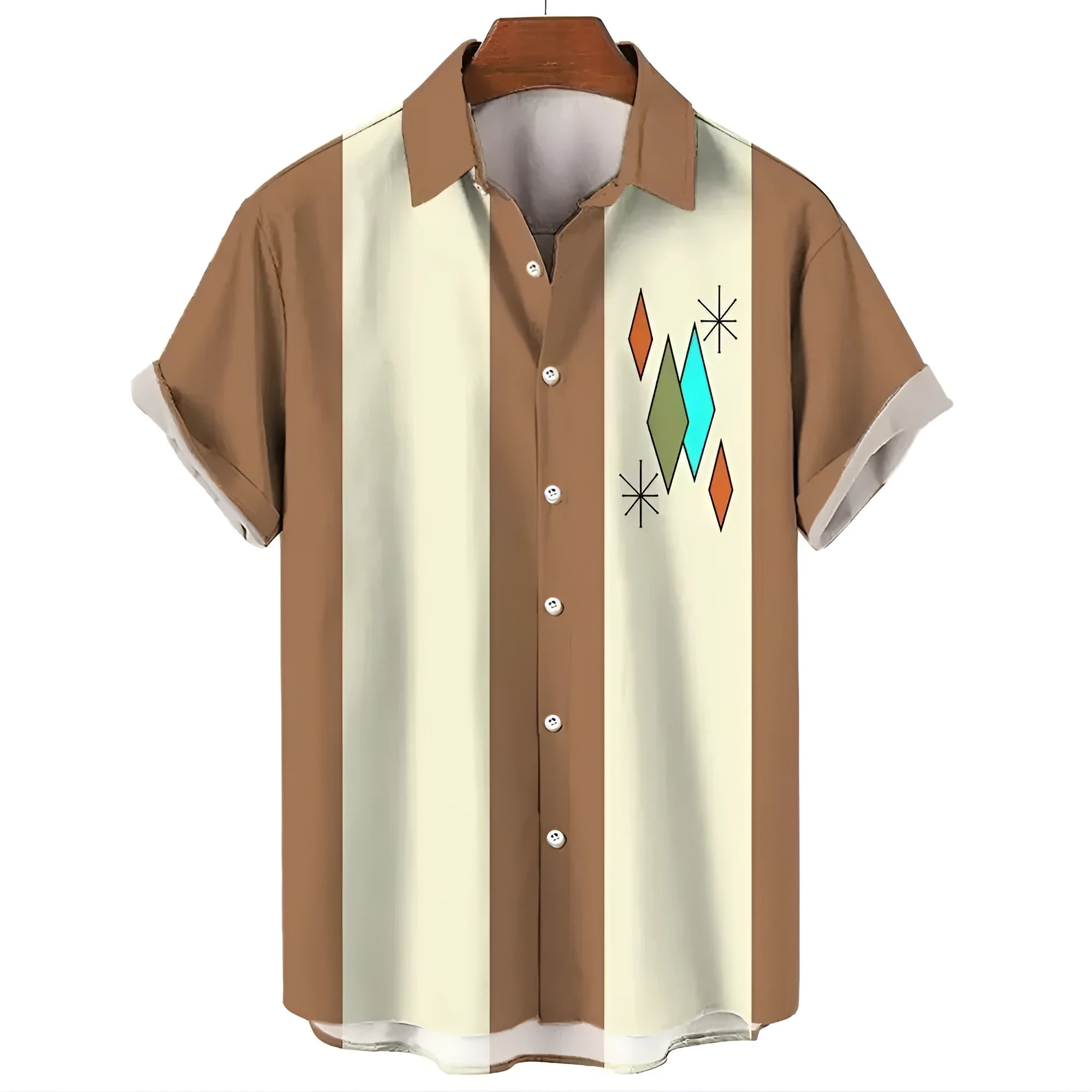 Man wearing a striped short sleeve button-down Hawaiian shirt in a casual setting.